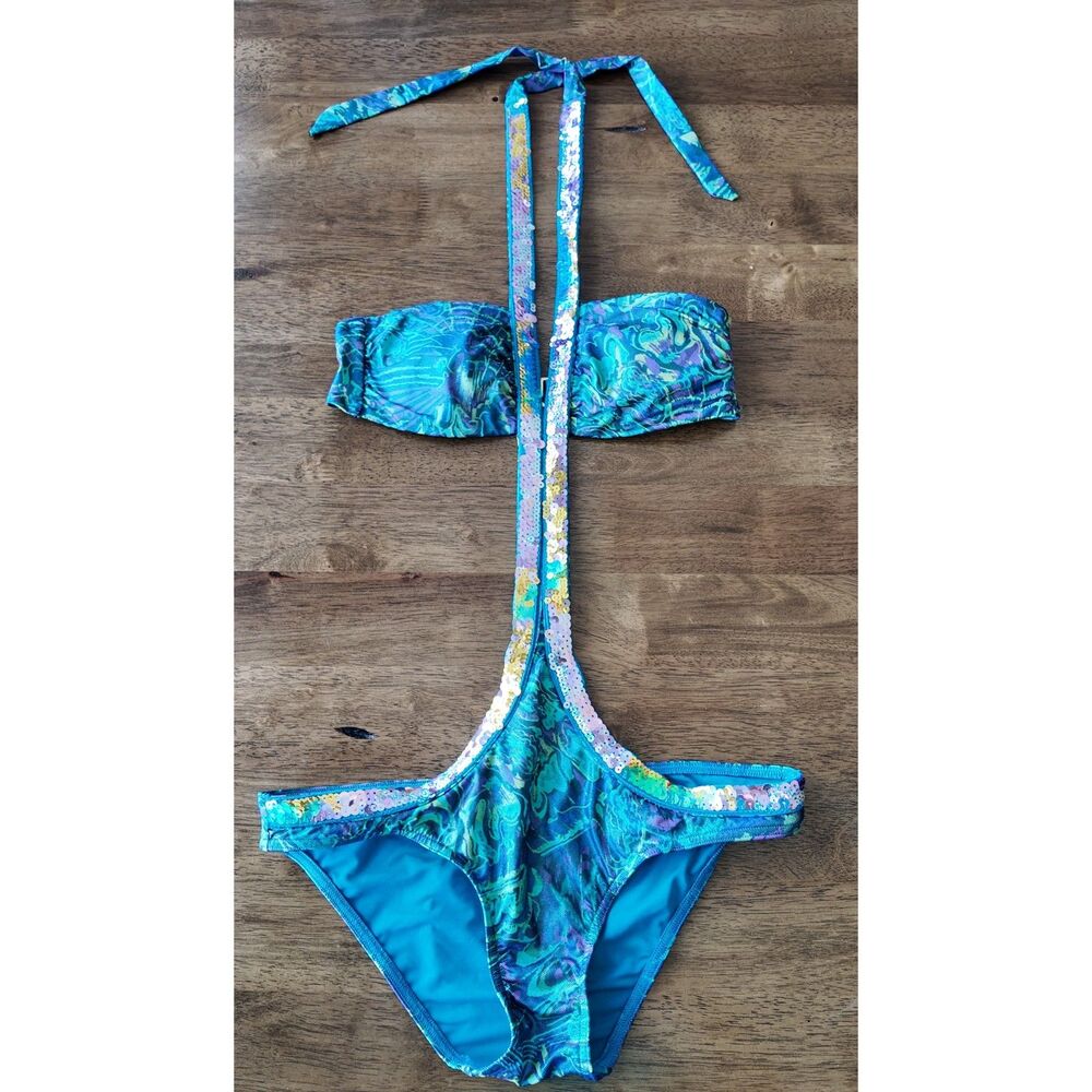 Victoria's Secret Beach Sexy Y2K Sequin Monokini Swimsuit XS Gold VS Hardware